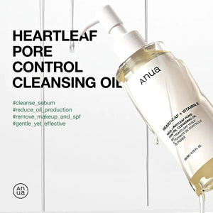 Selenaire Anua Heartleaf Pore Control Cleansing Oil bottle with pump dispenser, showcasing its mild, nourishing formula for oily skin.