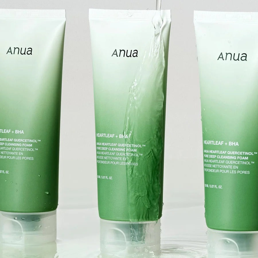 Selenaire Anua Heartleaf Quercetinol pore deep cleansing foam in a white tube with green accents, designed for thorough facial cleansing