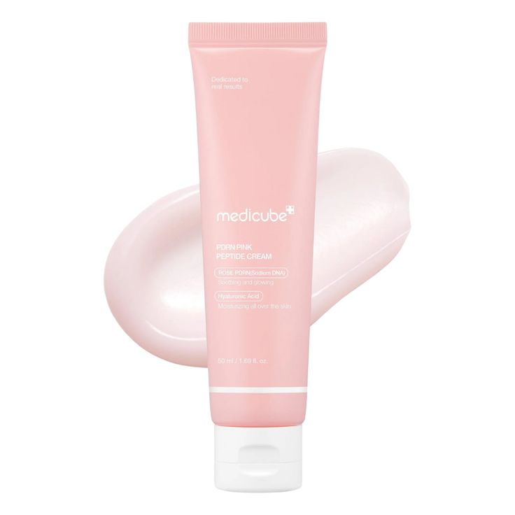 Medicube PDRN Pink Hyaluronic Moisturizing Cream in a jar, showcasing its pink and white packaging with smooth cream texture inside.