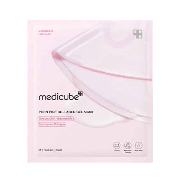 Medicube PDRN Pink Collagen Gel Mask from Selenaire, showing one sheet of the pink collagen face mask with hydrating ingredients.