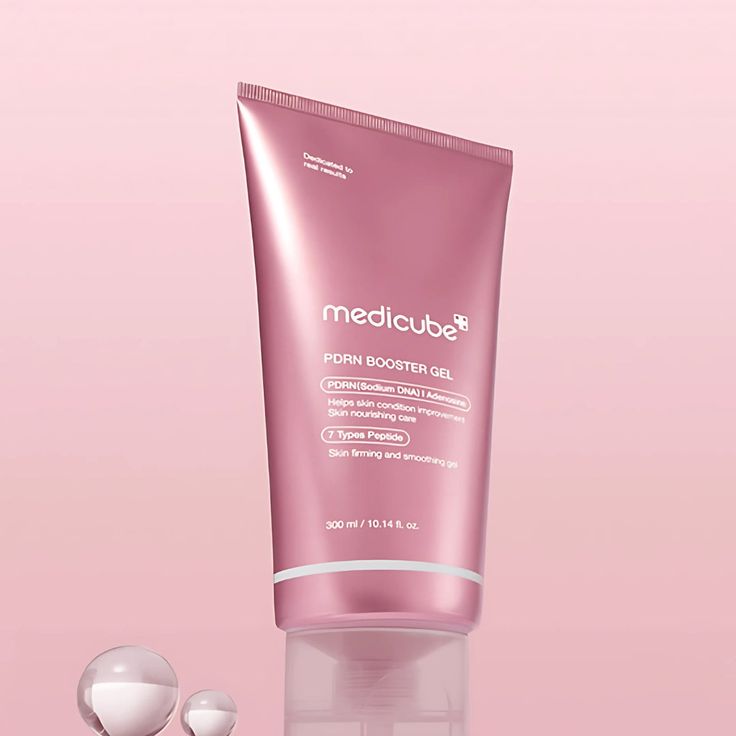 Medicube AGE-R PDRN Booster Gel by SELENAIRE, featuring a sleek jar of anti-aging skincare with PDRN ingredients.