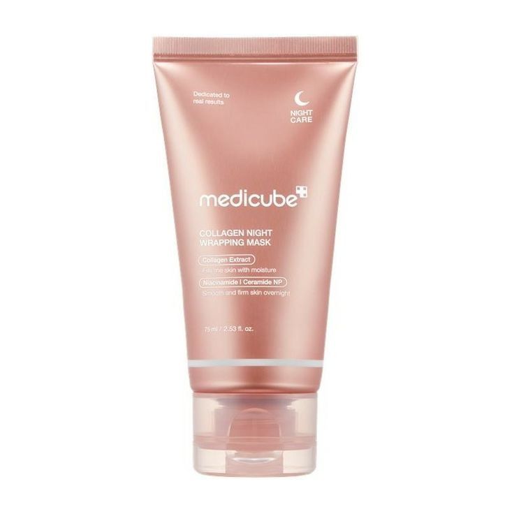 SELENAIRE Medicube Collagen Night Wrapping Mask in a jar, showing the skincare product with a white and pink design.