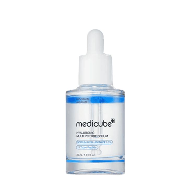 Medicube Hyaluronic Multi Peptide Serum in a sleek bottle, with a dropper applicator and a minimalist label showing the product name.