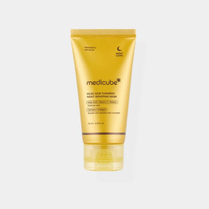 Medicube Kojic Acid Turmeric Night Wrapping Mask in a jar with a spatula, featuring bright yellow and white packaging.