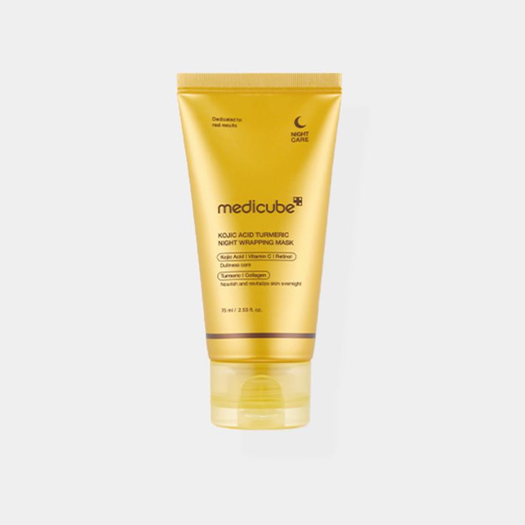 Medicube Kojic Acid Turmeric Night Wrapping Mask in a jar with a spatula, featuring bright yellow and white packaging.