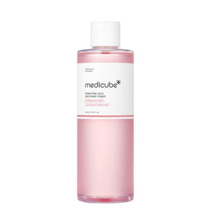 Medicube PDRN Pink Cica Soothing Toner by SELENAIRE, showing a clear bottle with pink hue and soothing skincare label.