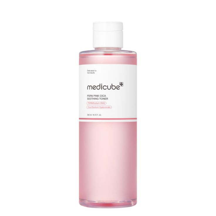 Medicube PDRN Pink Cica Soothing Toner by SELENAIRE, showing a clear bottle with pink hue and soothing skincare label.