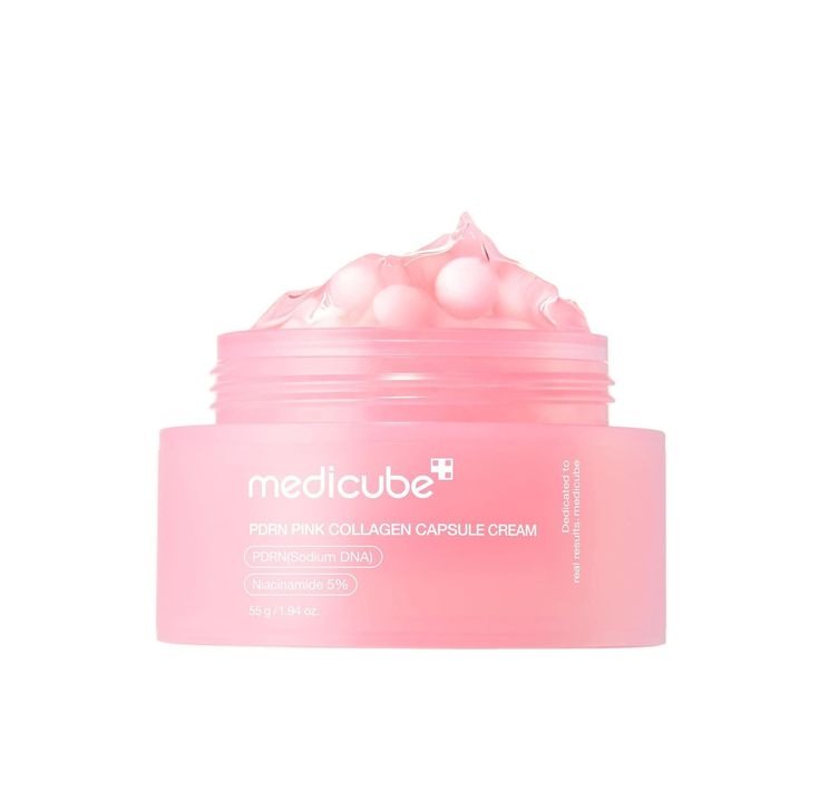 Medicube PDRN Pink Collagen Capsule Cream jar with pink packaging and product label, designed for skincare and collagen boost.