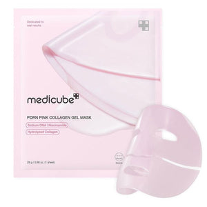 Medicube PDRN Pink Collagen Gel Mask set with four sheet masks for hydrating and revitalizing skin, displayed on a clean background.