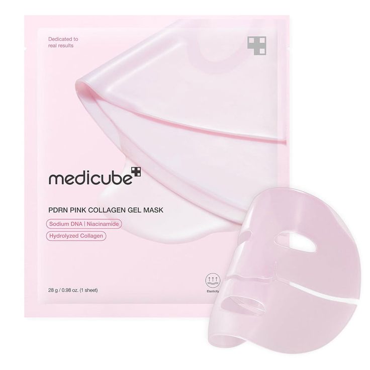 Medicube PDRN Pink Collagen Gel Mask set with four sheet masks for hydrating and revitalizing skin, displayed on a clean background.