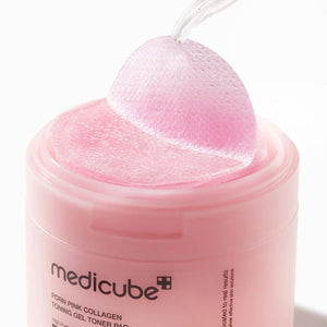 Selenaire Medicube PDRN Pink Collagen Toning Gel Toner Pad showing application and ingredients on a white background.
