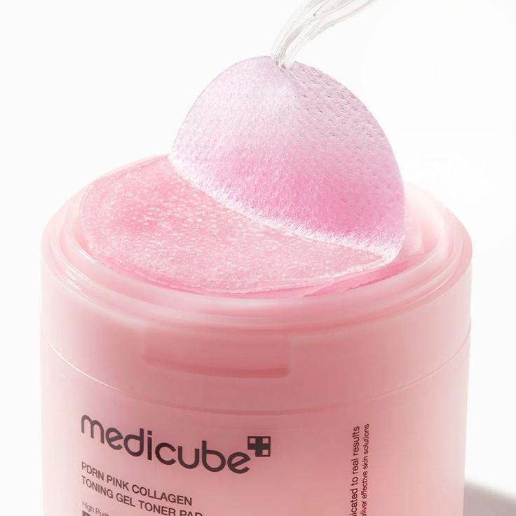Selenaire Medicube PDRN Pink Collagen Toning Gel Toner Pad showing application and ingredients on a white background.