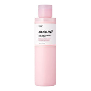 Medicube PDRN Pink Niacinamide Milky Toner bottle, featuring a pink and white design, suitable for skincare and hydration.