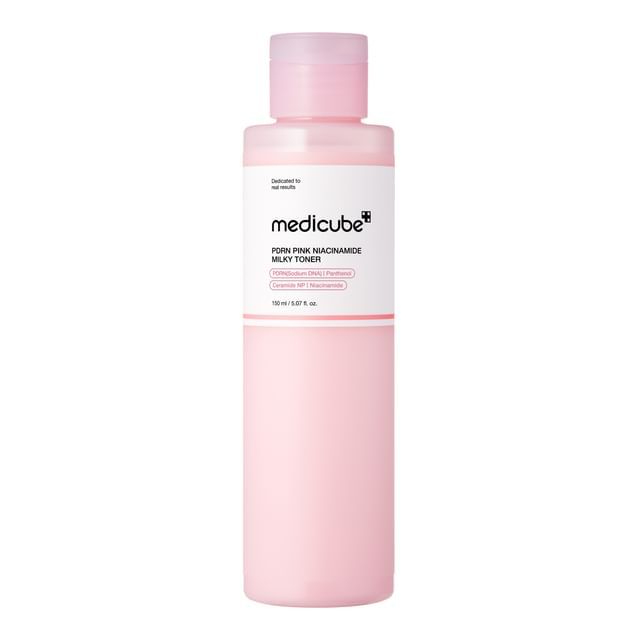 Medicube PDRN Pink Niacinamide Milky Toner bottle, featuring a pink and white design, suitable for skincare and hydration.