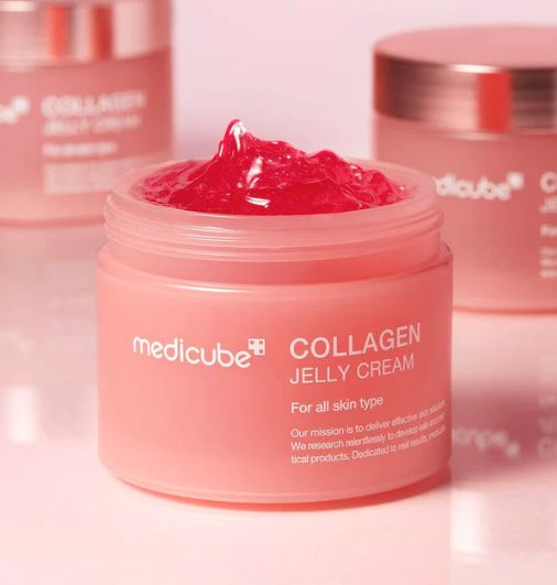 Medicube Collagen Jelly Cream by SELENAIRE shown in a jar with smooth, glossy texture, promoting skin hydration and elasticity.