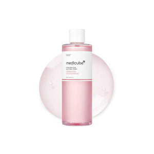 Medicube PDRN Pink Cica Soothing Toner in a clear bottle with pink and white labeling, suitable for calming and hydrating skin.