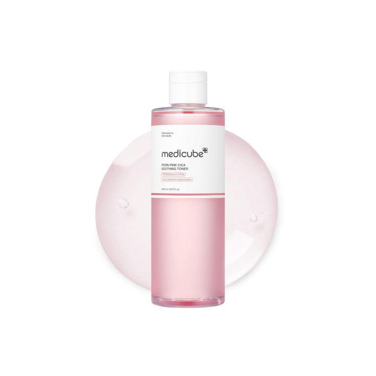 Medicube PDRN Pink Cica Soothing Toner in a clear bottle with pink and white labeling, suitable for calming and hydrating skin.