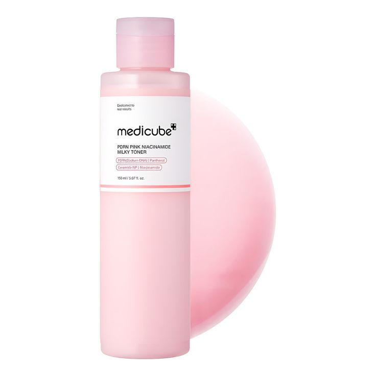 Medicube PDRN Pink Niacinamide Milky Toner in a 150ml bottle, featuring a soft pink and white packaging with a pump dispenser.