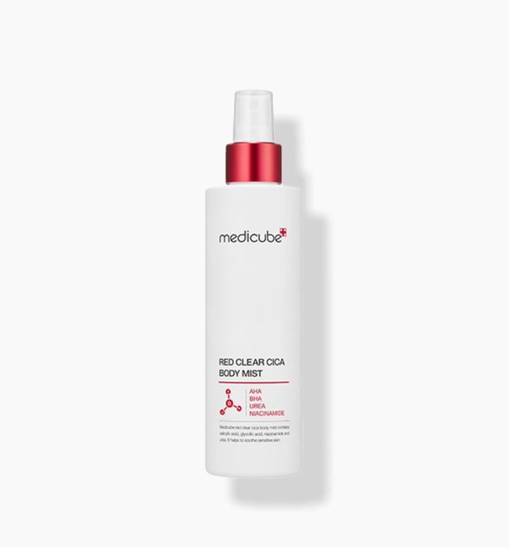 Medicube Red Clear Cica Body Mist in 200ml bottle, featuring soothing cica for skin hydration and calming effects.