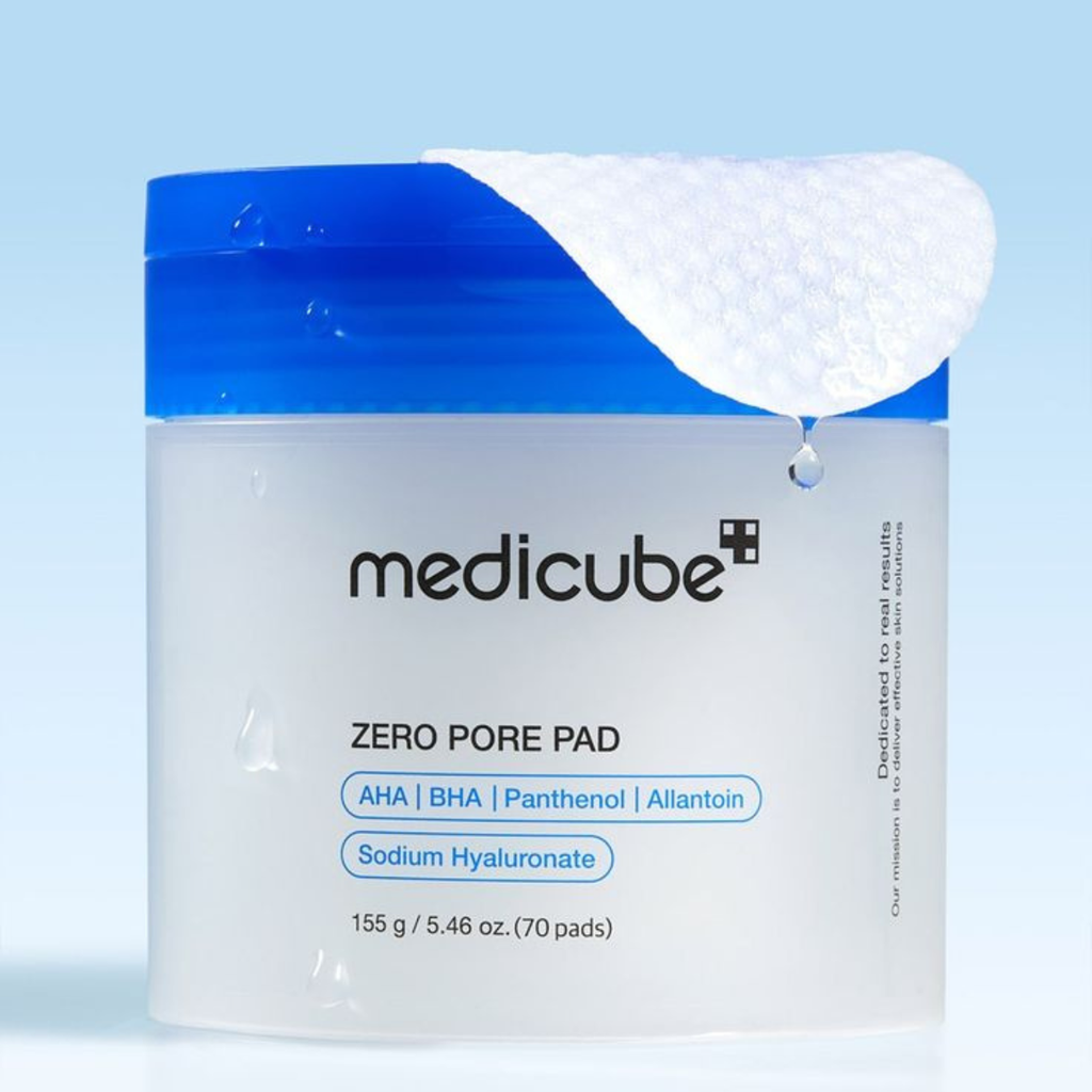 Two Medicube Zero Pore Pad 2.0 skincare pads with sleek packaging, designed for pore cleansing and oil control