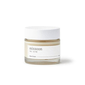 Cream jar labeled Mixsoon Bean Cream by Selenaire, showing a smooth, creamy texture in a white container.