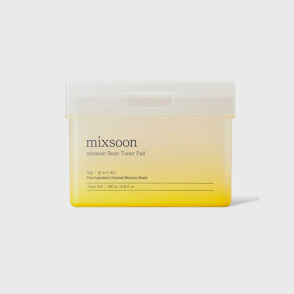 Mixsoon Bean Toner Pad by SELENAIRE, showing a close-up of the toner pad with textured surface and packaging details.