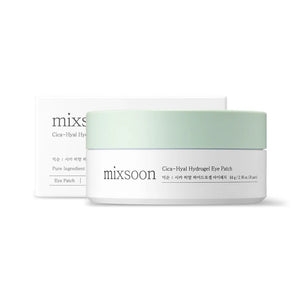 SELENAIRE Mixsoon Cica-Hyal Hydrogel Eye Patch showing soothing gel patches with cucumber slices for under-eye care.