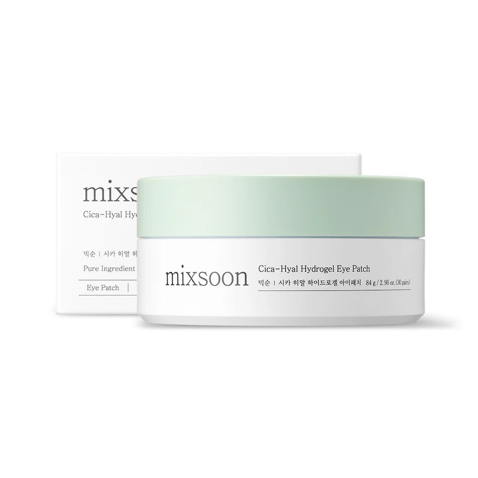 SELENAIRE Mixsoon Cica-Hyal Hydrogel Eye Patch showing soothing gel patches with cucumber slices for under-eye care.