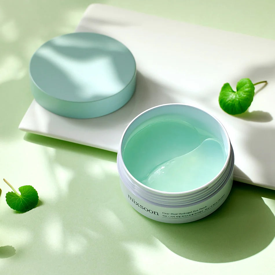 Mixsoon Cica-Hyal Hydrogel Eye Patch by SELENAIRE shown on a white background, featuring soothing eye patches with a transparent gel texture.