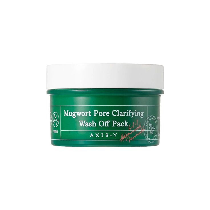 Selenaire AXIS-Y Mugwort Pore Clarifying Wash-Off Pack in a jar with mugwort leaves, designed for pore cleansing and skin clarity.