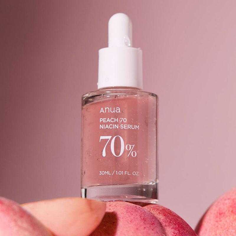 Selenaire Anua Peach 70% Niacinamide Serum bottle with peach-colored label and dropper applicator for skincare.