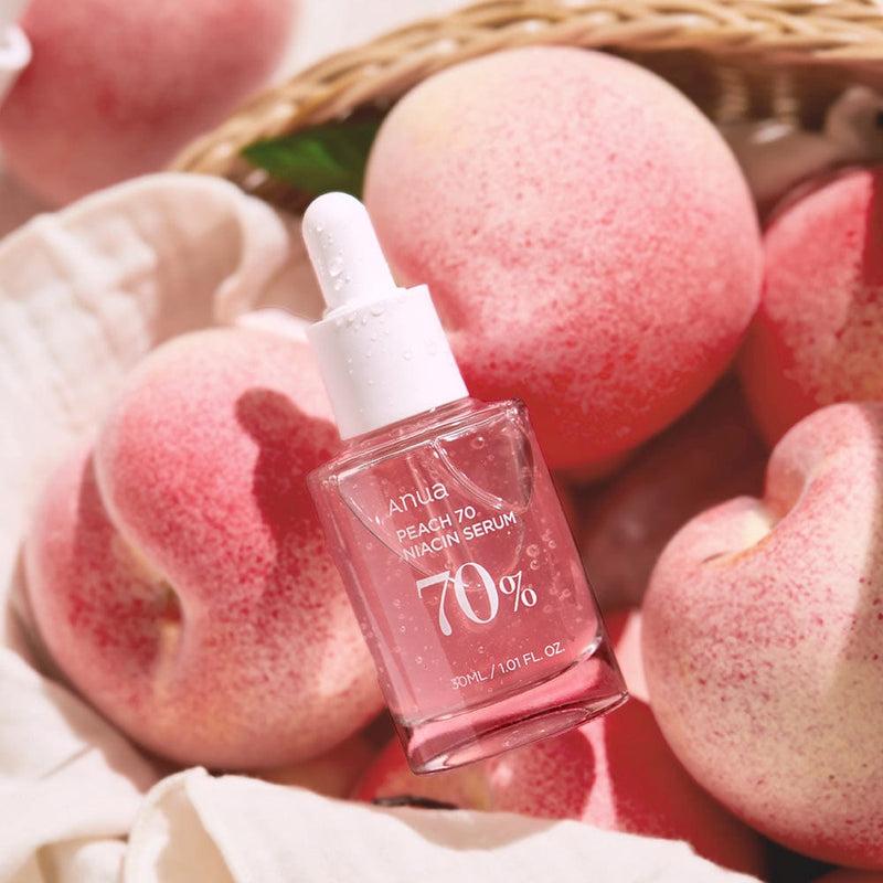 Selenaire Anua Peach 70% Niacinamide Serum bottle with peach-colored label and dropper cap on white background
