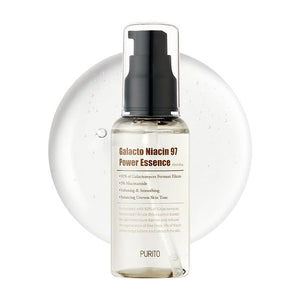 Purito Galacto Niacin 97 Power Essence bottle with white and blue packaging, 60ml size, skincare product for brightening and hydration