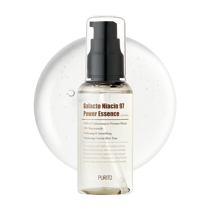 Purito Galacto Niacin 97 Power Essence bottle with white and blue packaging, 60ml size, skincare product for brightening and hydration