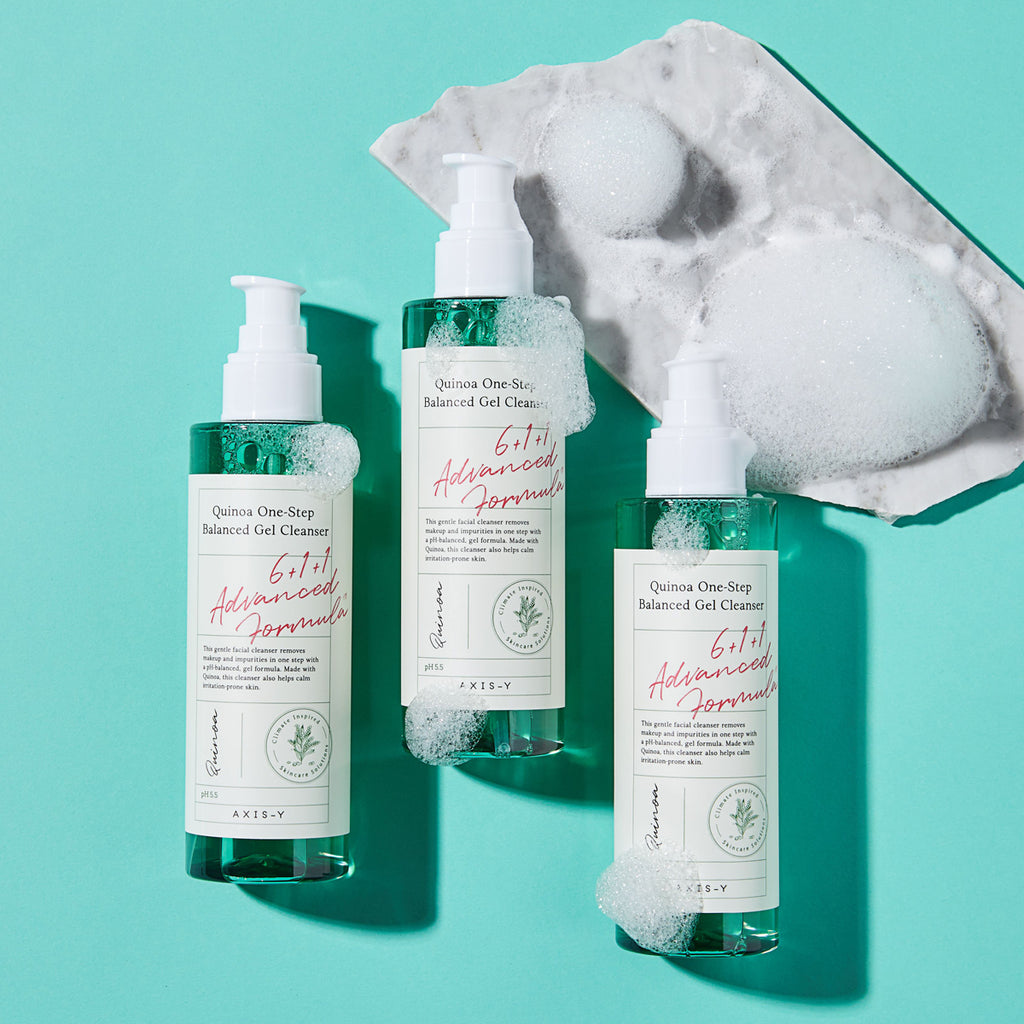 Selenaire AXIS-Y Quinoa One Step Balanced Gel Cleanser in a clear tube with a white cap, showcasing the gentle facial cleanser.