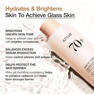 Selenaire Anua Rice 70 Glow Milky Toner in a clear bottle with a milky white liquid and a white cap, set against a neutral background.