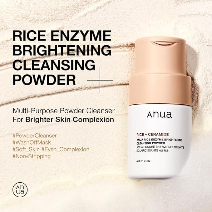 Selenaire Anua Rice Enzyme Brightening Cleansing Powder in a jar, showcasing the natural skincare product with a white powder inside.