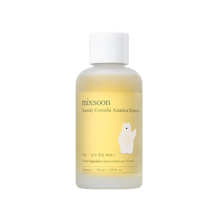 Bottle of Mixsoon Soondy Centella Asiatica Essence by Selenaire, featuring clear liquid and minimalist label design.