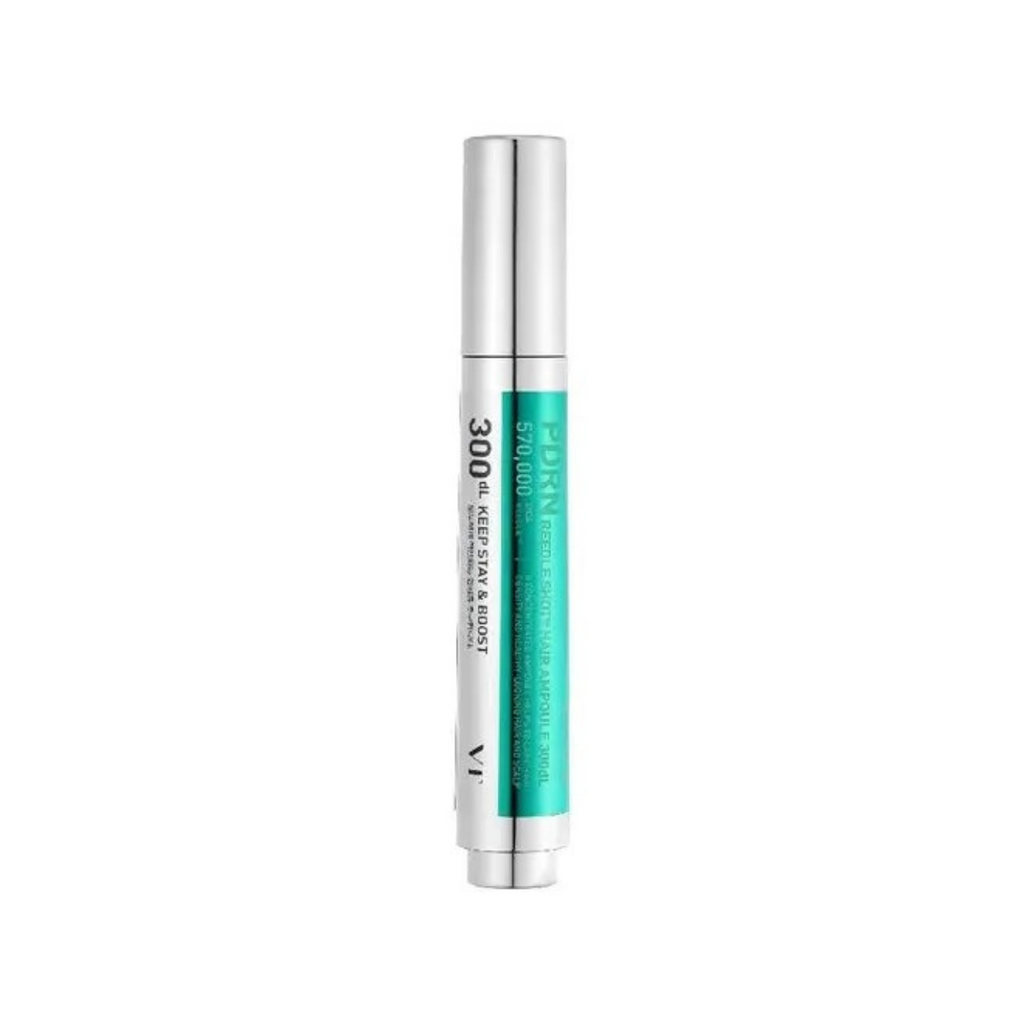 VT Cosmetics PDRN Reedle Shot Hair Ampoule by SELENAIRE, clear glass bottle with dropper for nourishing hair treatment.