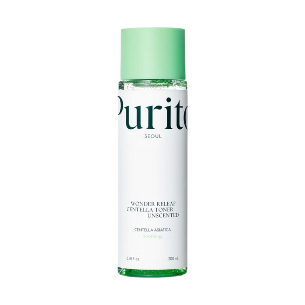 Purito Wonder Releaf Centella Toner Unscented in a clear bottle with a white label, showing the product's calming skincare ingredients.
