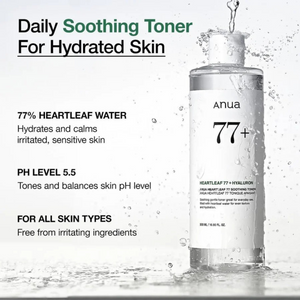 Selenaire Anua Heartleaf 77% Soothing Toner bottle with label and clear liquid inside, designed for calming skincare.
