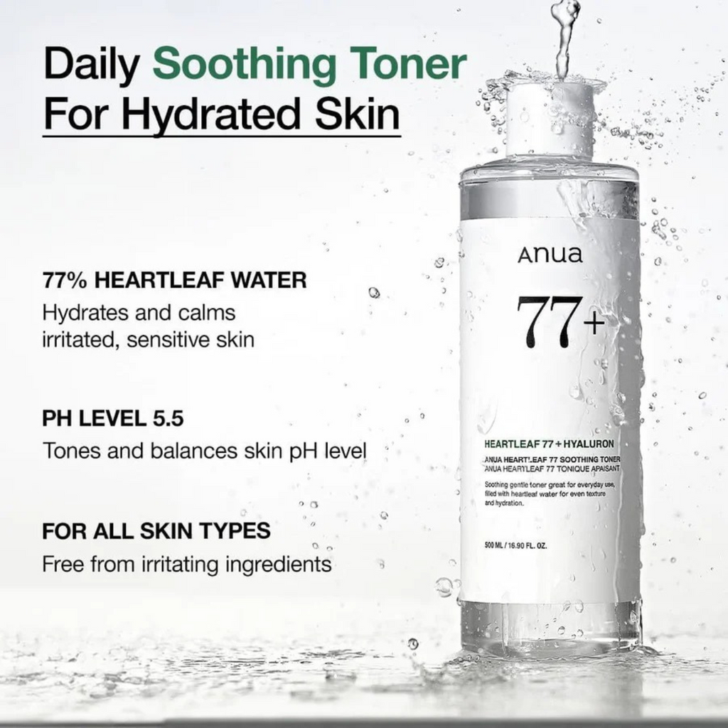 Selenaire Anua Heartleaf 77% Soothing Toner bottle with label and clear liquid inside, designed for calming skincare.