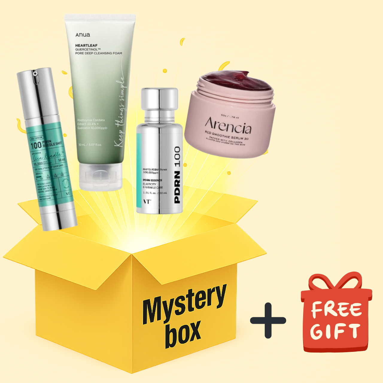 SELENAIRE Acne Prone Skin Mystery Box with four skincare products, featuring cleansers, treatments, and moisturizers for acne-prone skin.