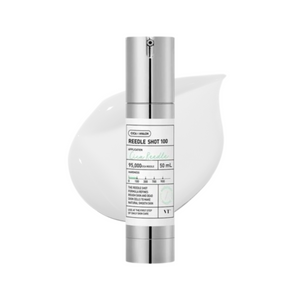 VT Cosmetics Reedle Shot 100 Essence bottle with dropper, clear liquid, and label displaying product details.