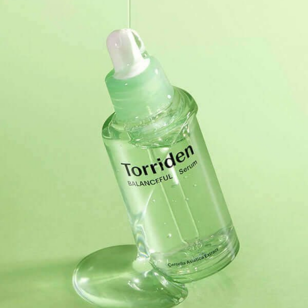 Selenaire Torriden Balanceful Cica Serum in a clear glass bottle with dropper, designed for soothing and calming skin.