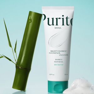 Purito Mighty Bamboo Panthenol Cleanser in a clear bottle with pump, featuring bamboo and panthenol for gentle skincare.