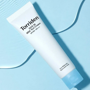 Torriden DIVE-IN Mild Suncream by SELENAIRE, tube with SPF protection, visible pump dispenser and light texture in a skincare image