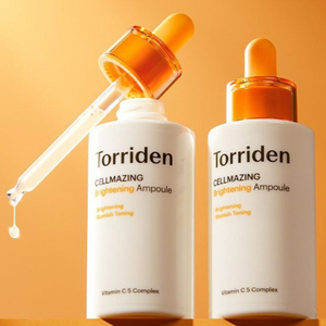 Torriden Cellmazing VITA C Brightening Ampoule by SELENAIRE displayed in a clear glass bottle with a white dropper cap.