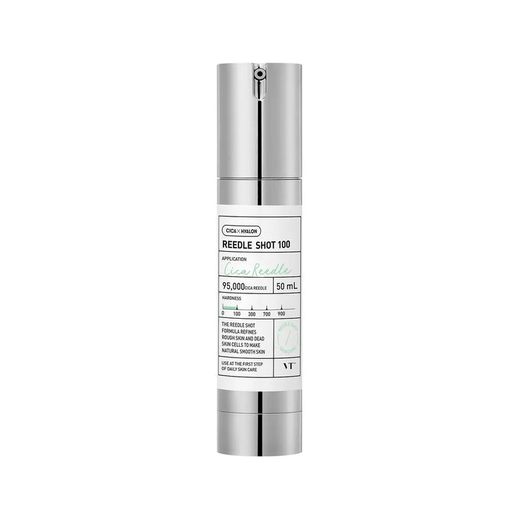 VT Cosmetics Reedle Shot 100 Essence in a 50mL bottle, featuring a clear liquid formulation with a green cap and label.