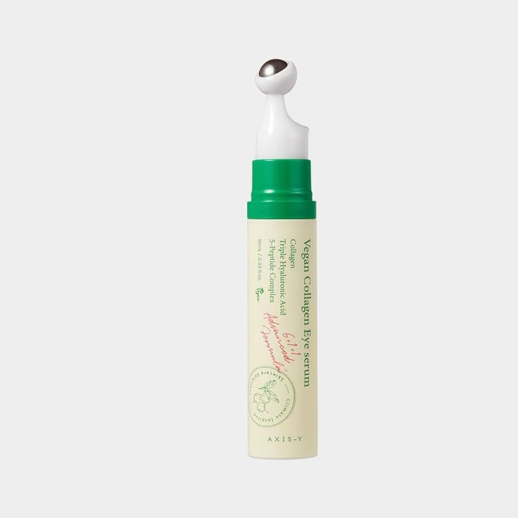 Vegan collagen eye serum by AXIS-Y in a clear glass bottle with dropper, showcasing the skincare product for eye area.